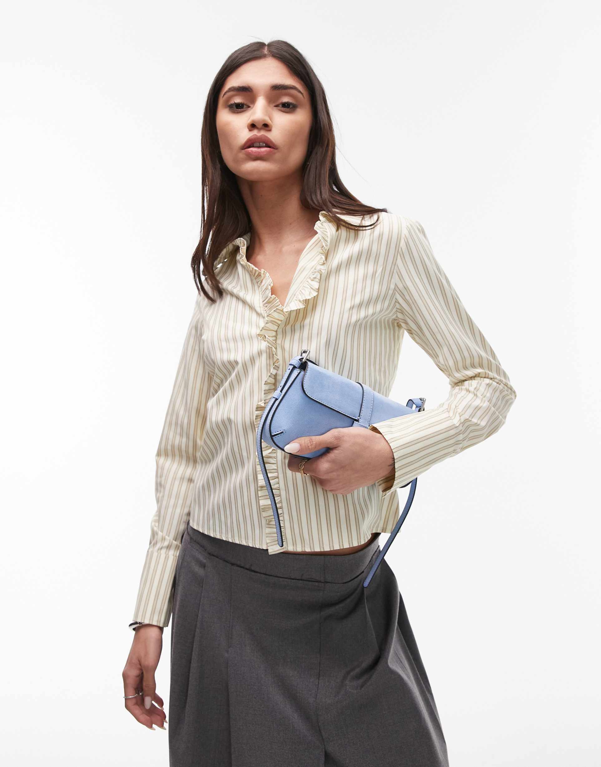 resume fitted shirt with ruffle placket in multi creme stripe