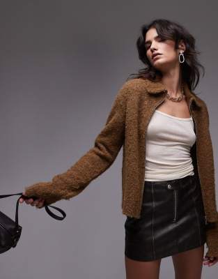 Resume Fluffy Zip Up Cardigan In Brown