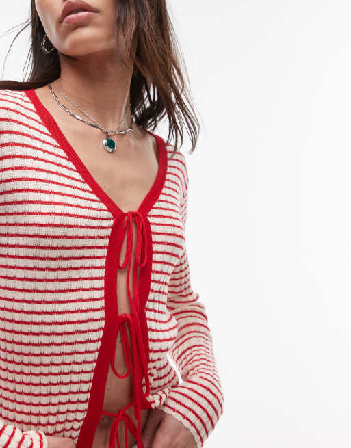 Resume front tie up cardigan in red stripe, 4 of 4