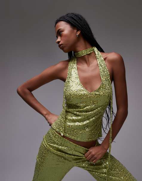 Resume halter neck glitter top in green sparkle co-ord - view 1