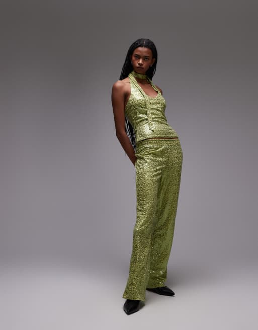 Resume halter neck glitter top in green sparkle co-ord, 2 of 4