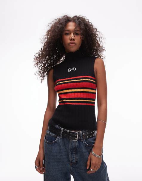Resume knitted roll neck sleeveless top in stripe - BLACK - view 1