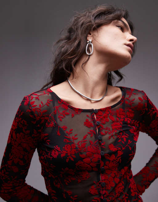 Resume long sleeve mesh button up micro cardigan in burnout red floral - part of a set