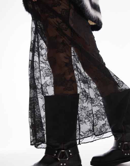 Resume low rise lace maxi skirt with godets in black | ASOS