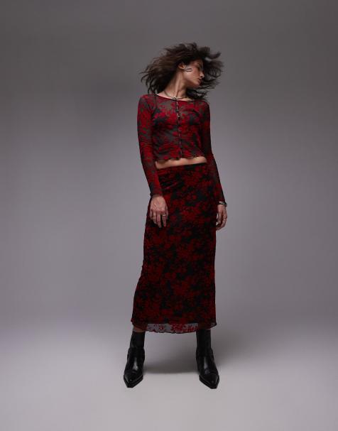 Resume low rise maxi skirt in devore red floral co-ord