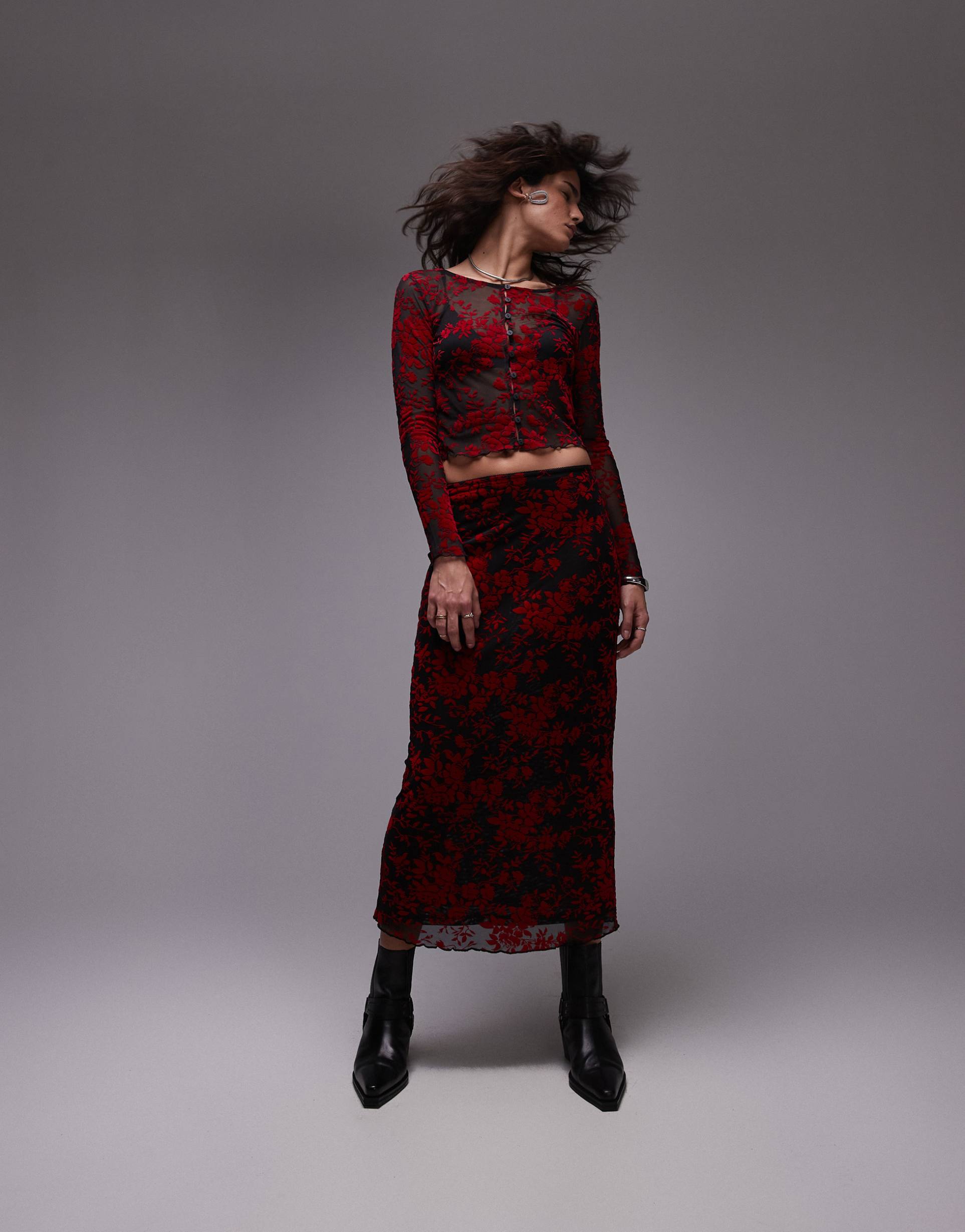 resume low rise maxi skirt in devore red floral - part of a set