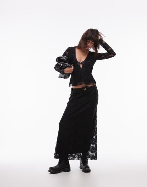 Resume low rise midi relaxed skirt in black lace with bow detail - view 1
