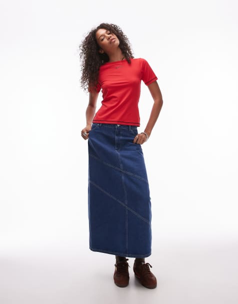 Resume midi skirt in indigo denim with contrast stitch