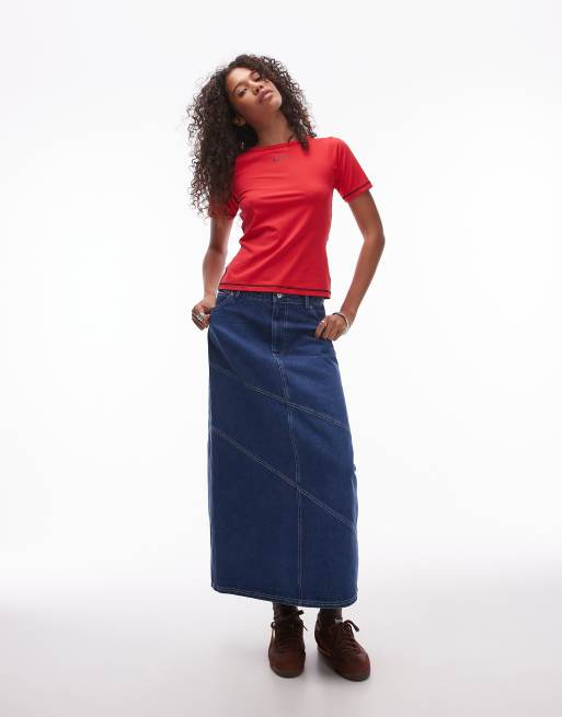 Resume midi skirt in indigo denim with contrast stitch