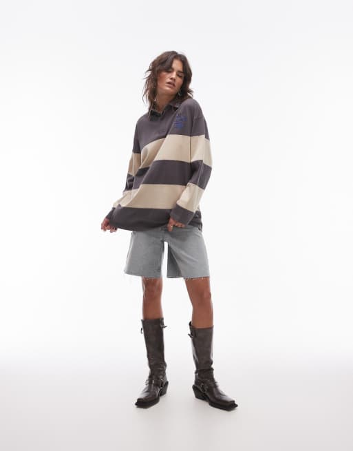 Resume - Oversized gestreept poloshirt met lange mouwen in antraciet, 2 van 4