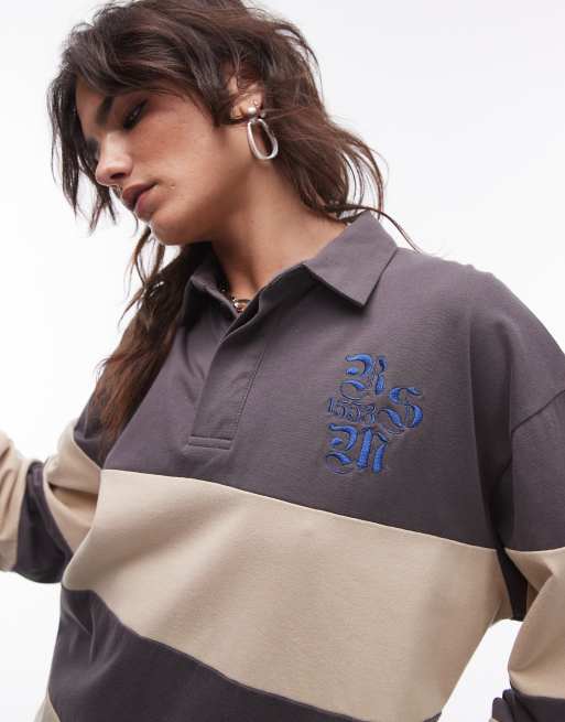 Resume - Oversized gestreept poloshirt met lange mouwen in antraciet, 3 van 4