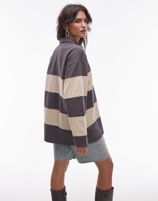 Resume - Oversized gestreept poloshirt met lange mouwen in antraciet, 4 van 4