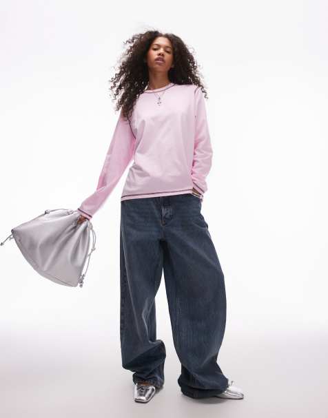 Resume oversized long sleeve t-shirt in baby pink with contrast stitch - view 1