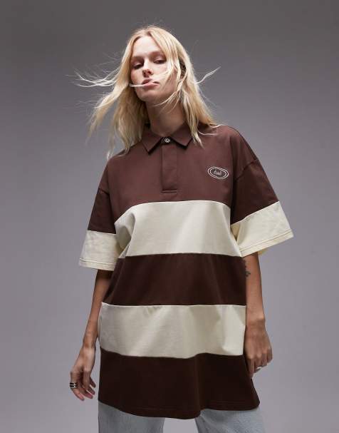 Resume oversized polo top in brown cream stripe - view 1