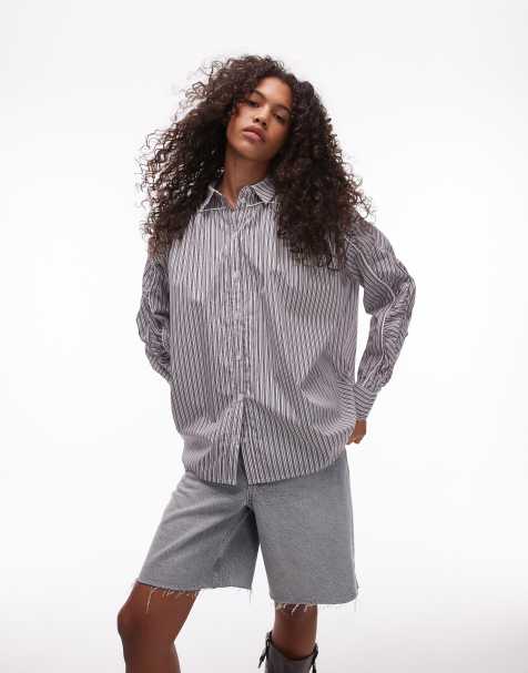 Resume oversized stripe boyfriend shirt with contrast piping and ruching - view 1