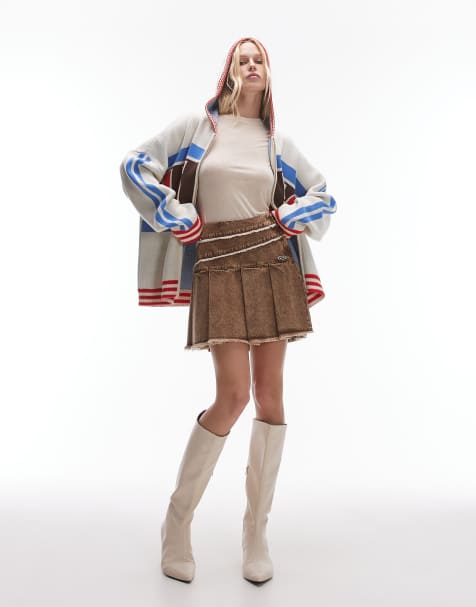 Resume pleated mini skirt in distressed brown denim with fraying - view 1