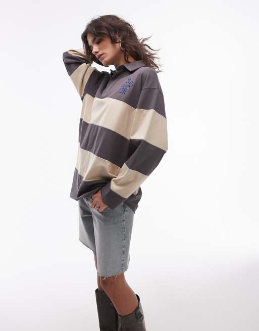 Resume - Polo oversize a maniche lunghe color antracite a righe