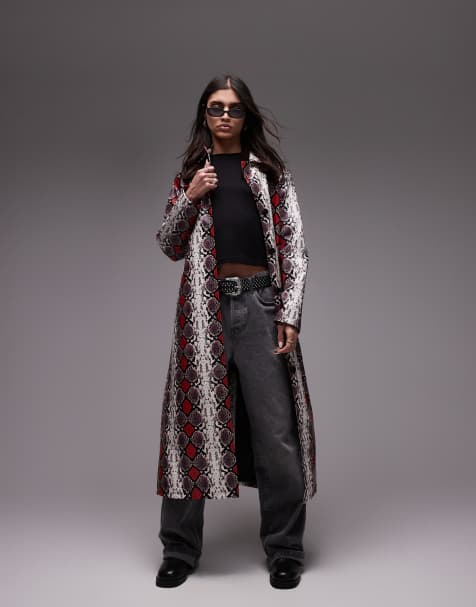 Resume PU trench coat in red snake print - view 1