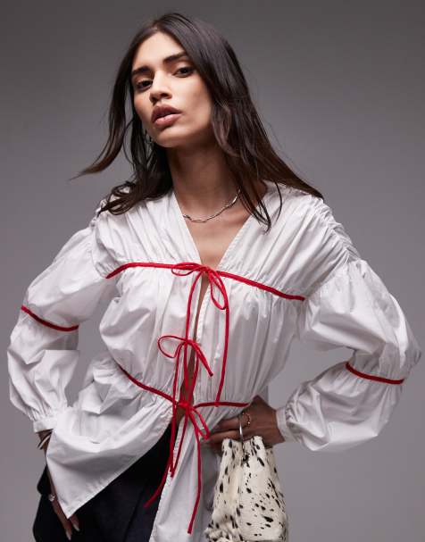 Resume red detail tie up oversized blouse in white