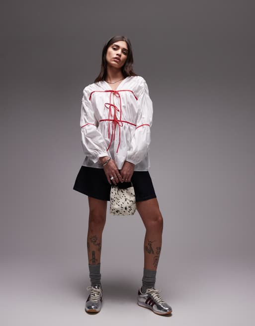 Resume red detail tie up oversized blouse in white