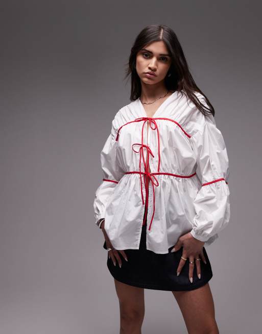 Resume red detail tie up oversized blouse in white