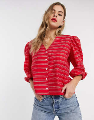Resume Sheila button front stripe blouse-Red Red