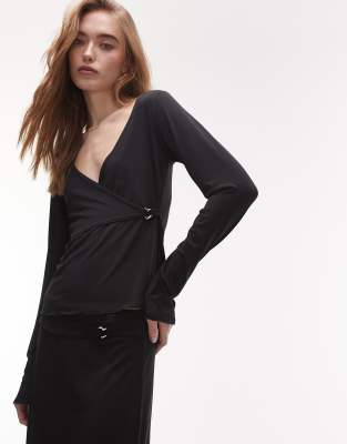 Résumé Resume slinky jersey v neck top with buckle detail in black co-ord