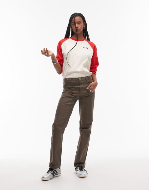 Resume straight leg trousers with contrast stitching in brown co-ord