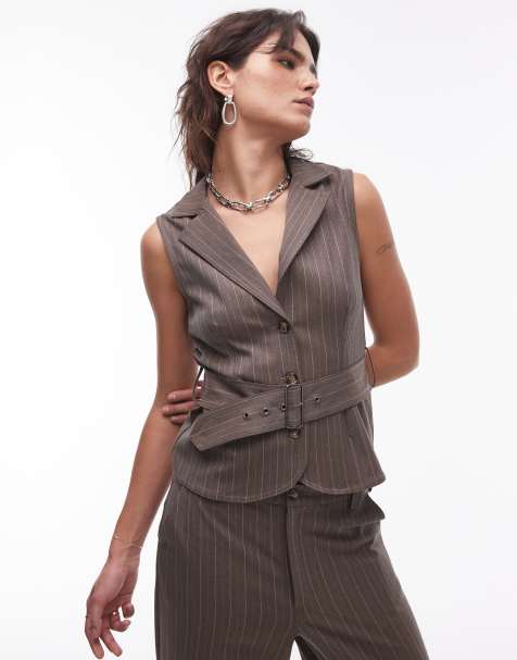 Resume tailored belted waistcoat in brown pinstripe (part of a set) - view 1