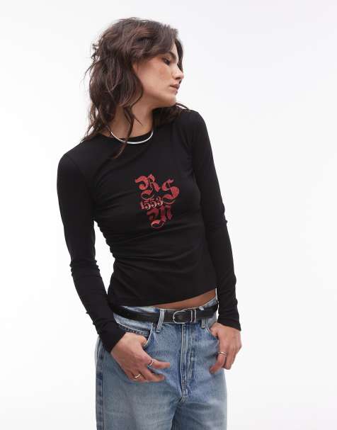 Resume - Top a maniche lunghe nero con grafica rossa glitterata - view 1