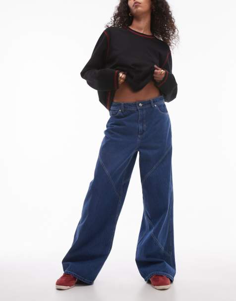 Resume wide leg boyfriend jeans in indigo denim with contrast stitch - view 1