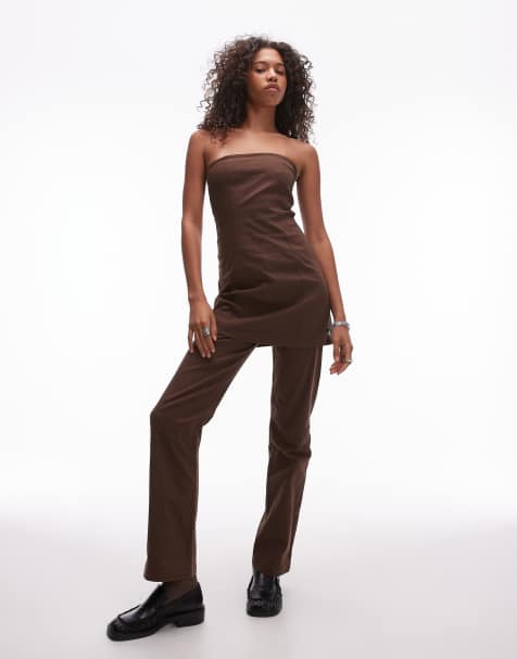 Resume Y2K bandeau slim fit trousers in brown bengaline with logo co-ord - view 1