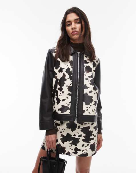 Resume zip up PU jacket in cow print co-ord