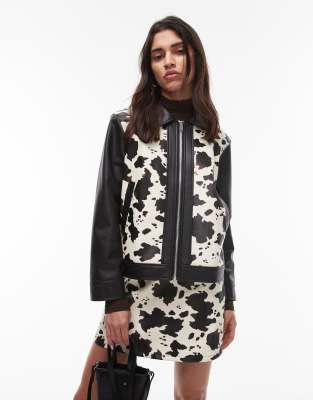 Resume zip up PU jacket in cow print - part of a set-Black