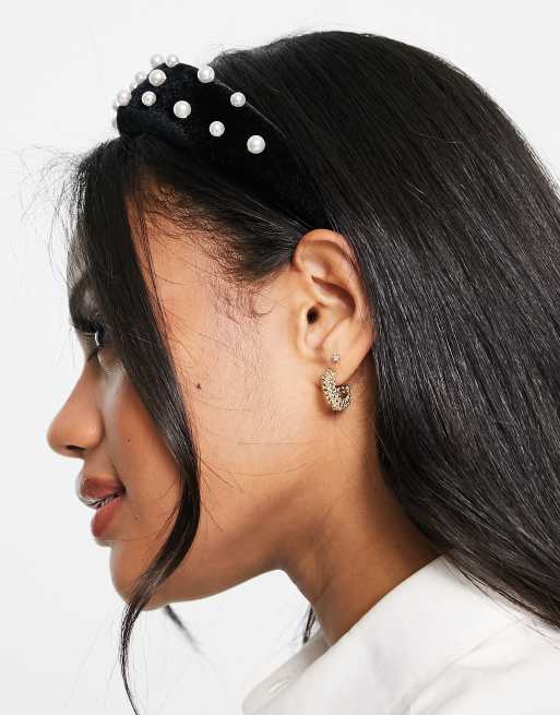 Revolution Hair - Fluwelen haarband met pareltjes in zwart, 4 van 4