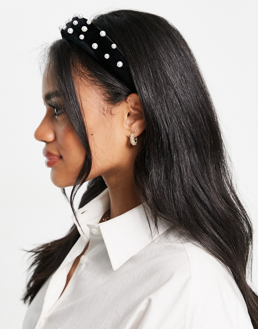 Revolution Hair Pearl Velvet Headband in Black-No colour
