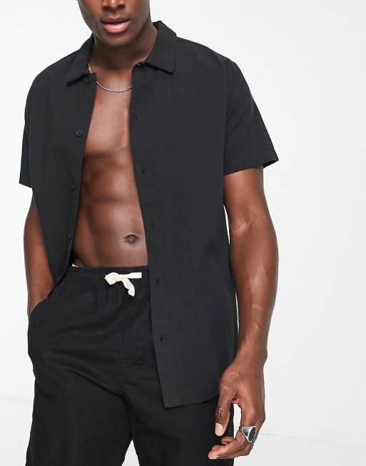Rhythm - Camicia da mare a maniche corte in lino nero in coordinato 