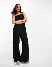 ASOS DESIGN button front tie ankle jumpsuit in self navy check