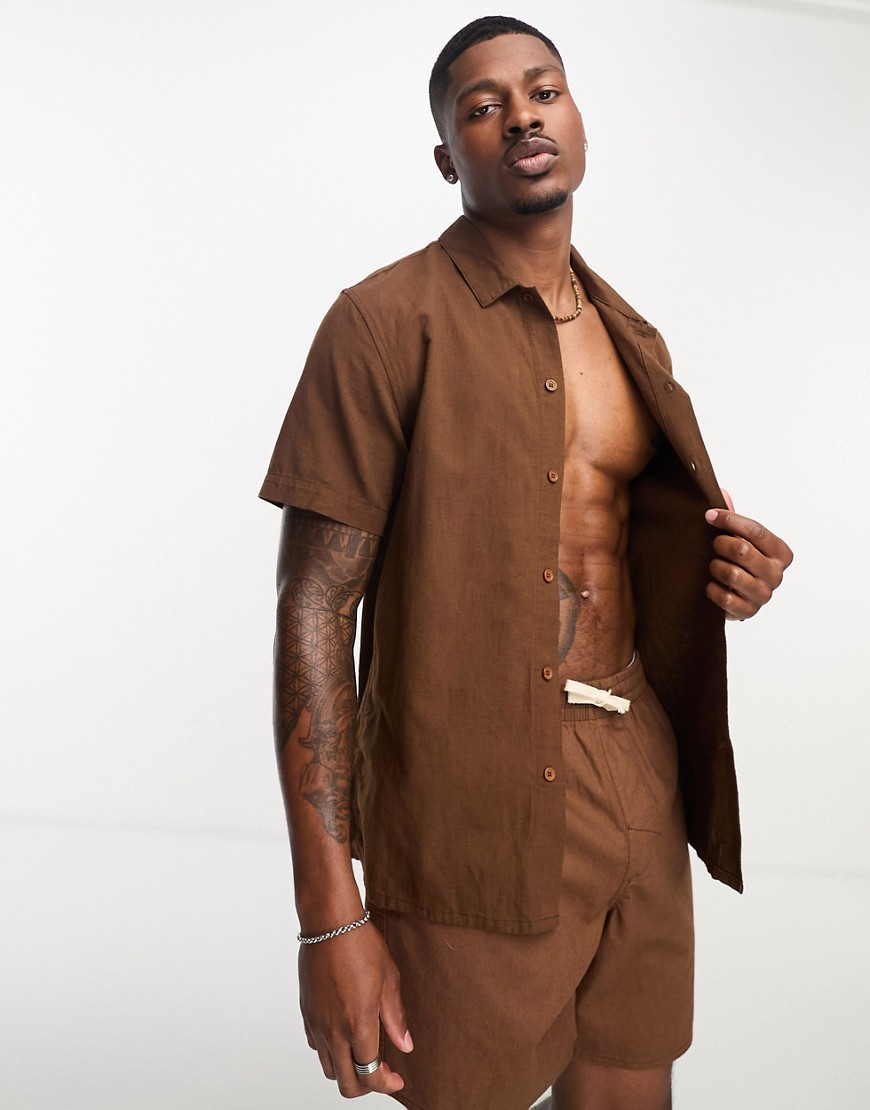 Rhythm classic linen shirt co-ord in chocolate-Brown