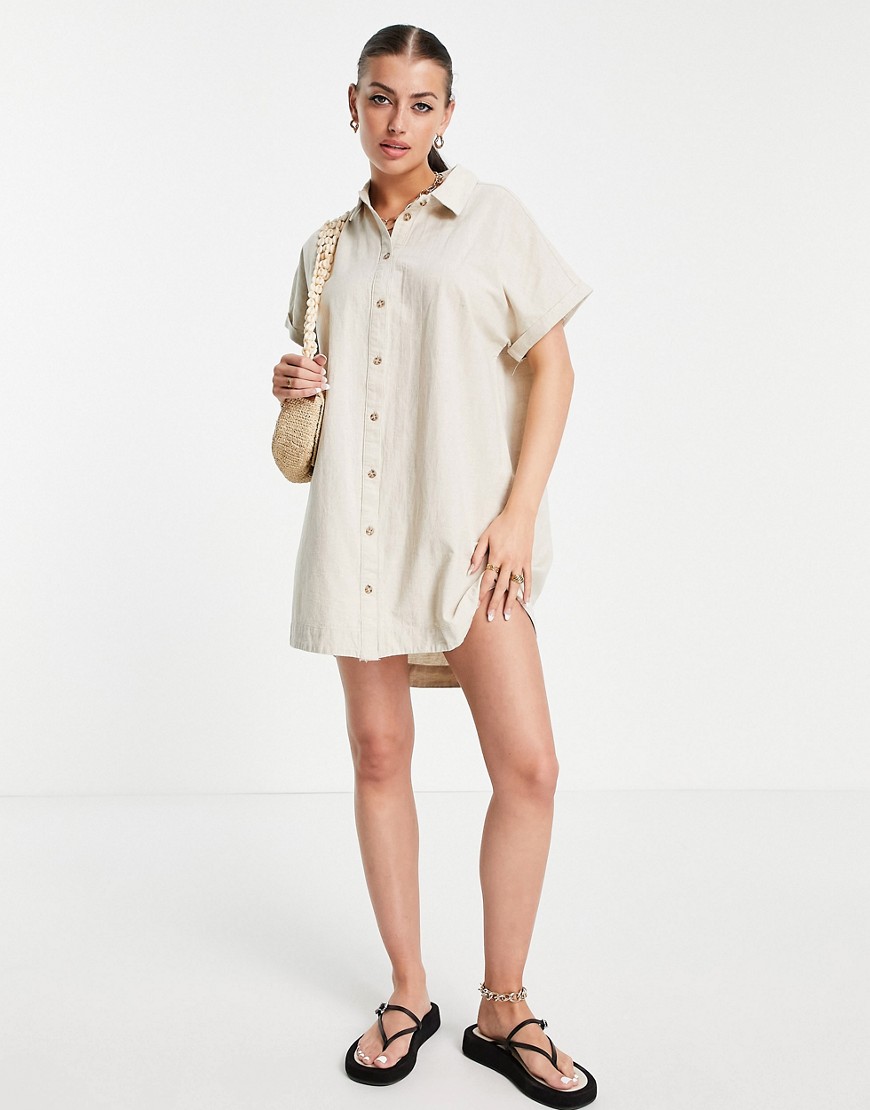 Rhythm classic linen shirt dress in sand-White