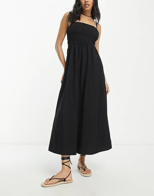 Rhythm - classic shirred maxi summer dress in black