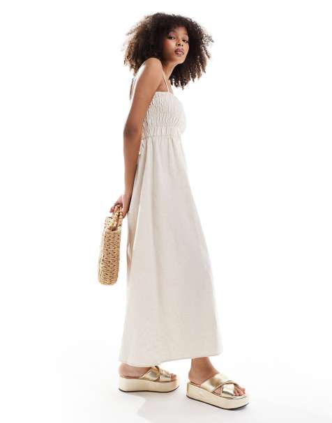 Rhythm classic shirred midi dress in oat  - view 1
