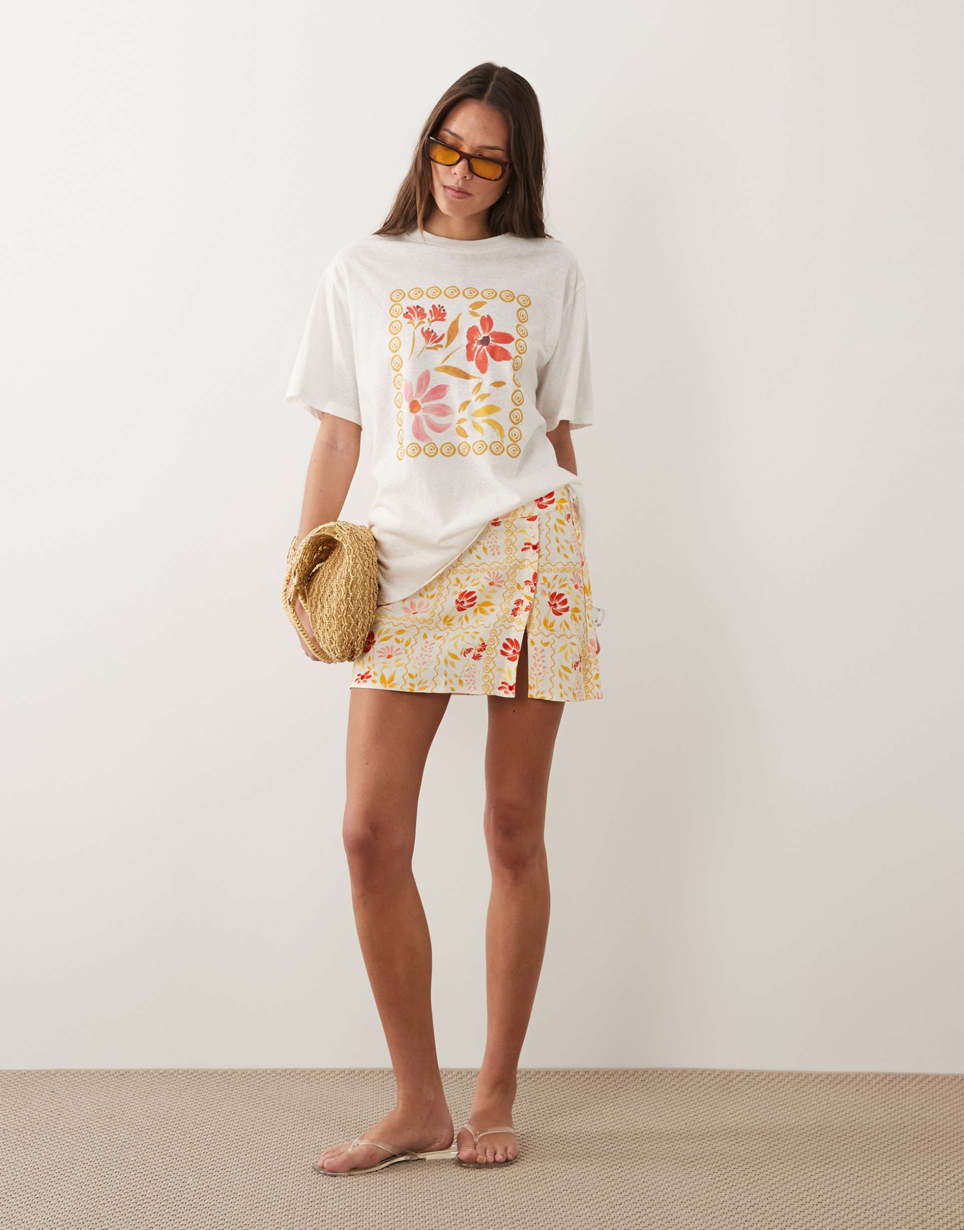 rhythm front split mini skirt in lemon wildflower print