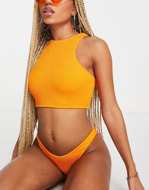 Rhythm zip front swimsuit in bright orange crinkle