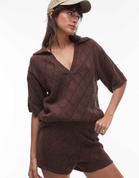Rhythm islander collared knit beach shirt co-ord in dark brown - view 1