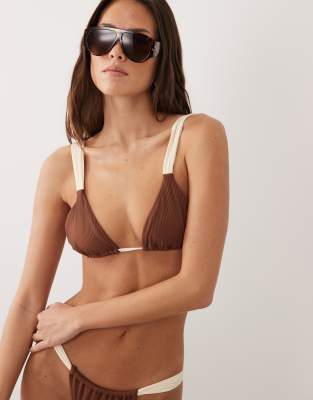 Rhythm Ribbed Soft Strap Triangle Bikini Top In Brown