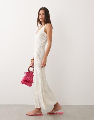 Robe longue en maille festonnée - Crème-Blanc 40