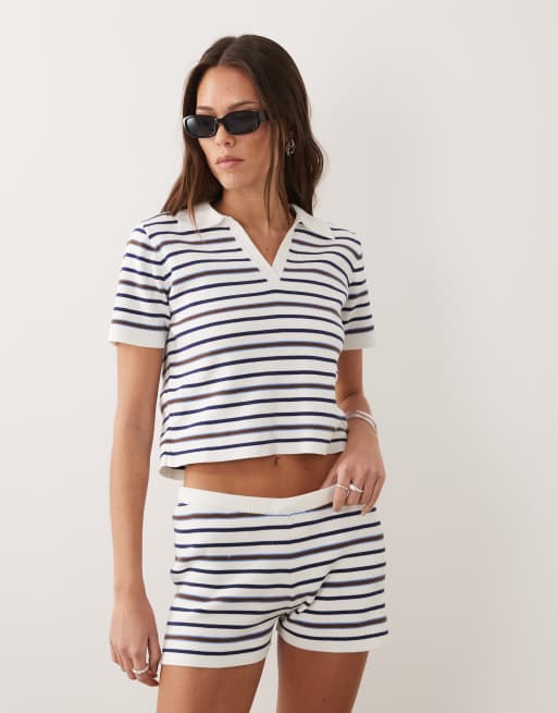 Rhythm - Romy - Gebreide gestreepte micro-short in blauw, deel van co-ord set, 2 van 5