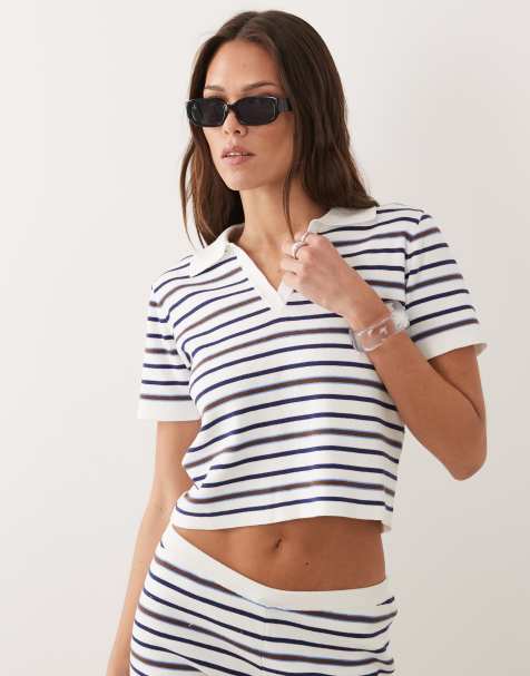 Rhythm - Romy - Gebreide top met korte mouwen en strepen in blauw, deel van co-ord set - view 1