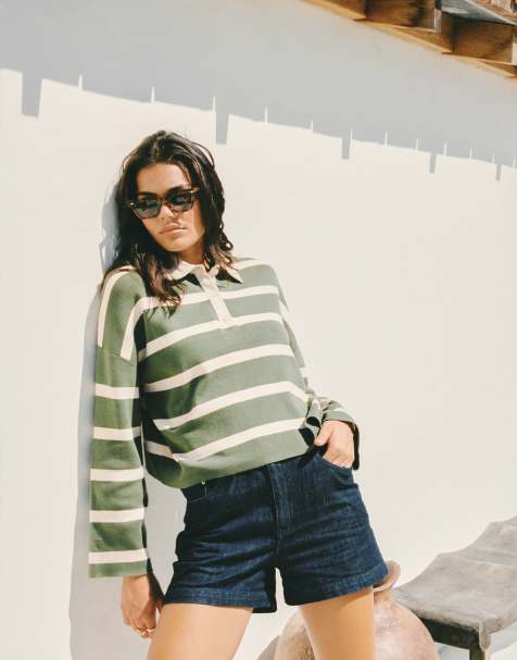 Rhythm rugby polo top in olive stripes - view 1